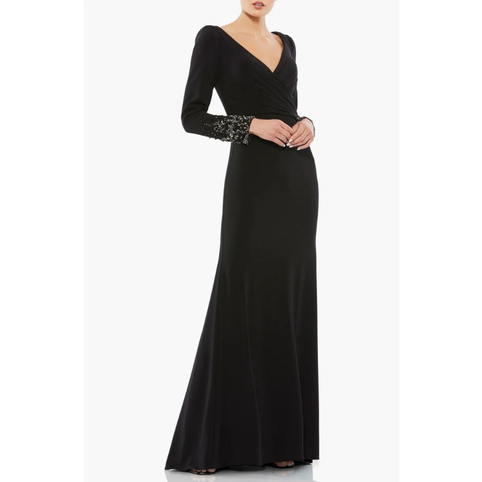 Mac Duggal Beaded Cuff Long Sleeve Wrap Over Trumpet Gown Black Sz 10 NWT #55712