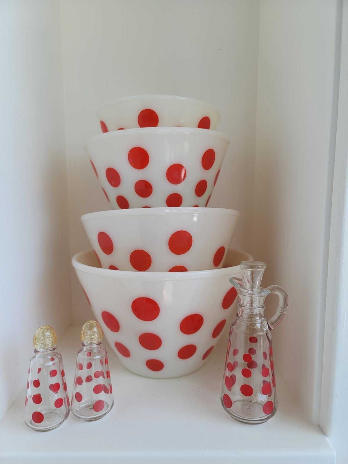 Full Set FireKing Red Polka Dot bowls w/