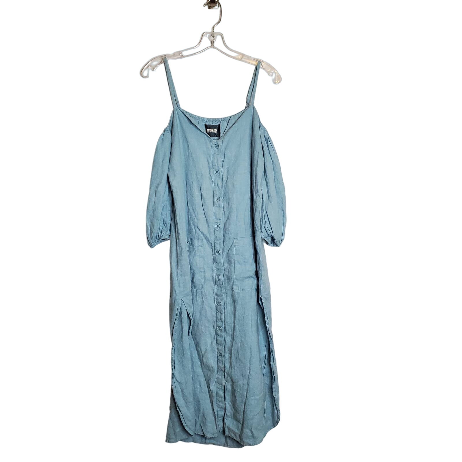 Reformation Cold Shoulder Button Front Midi Dress Size XS Blue Coastal Beachy