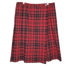 Vintage Wool Plaid Pleated Wrap Skirt XL Midi Fringe Edge Red Green Christmas