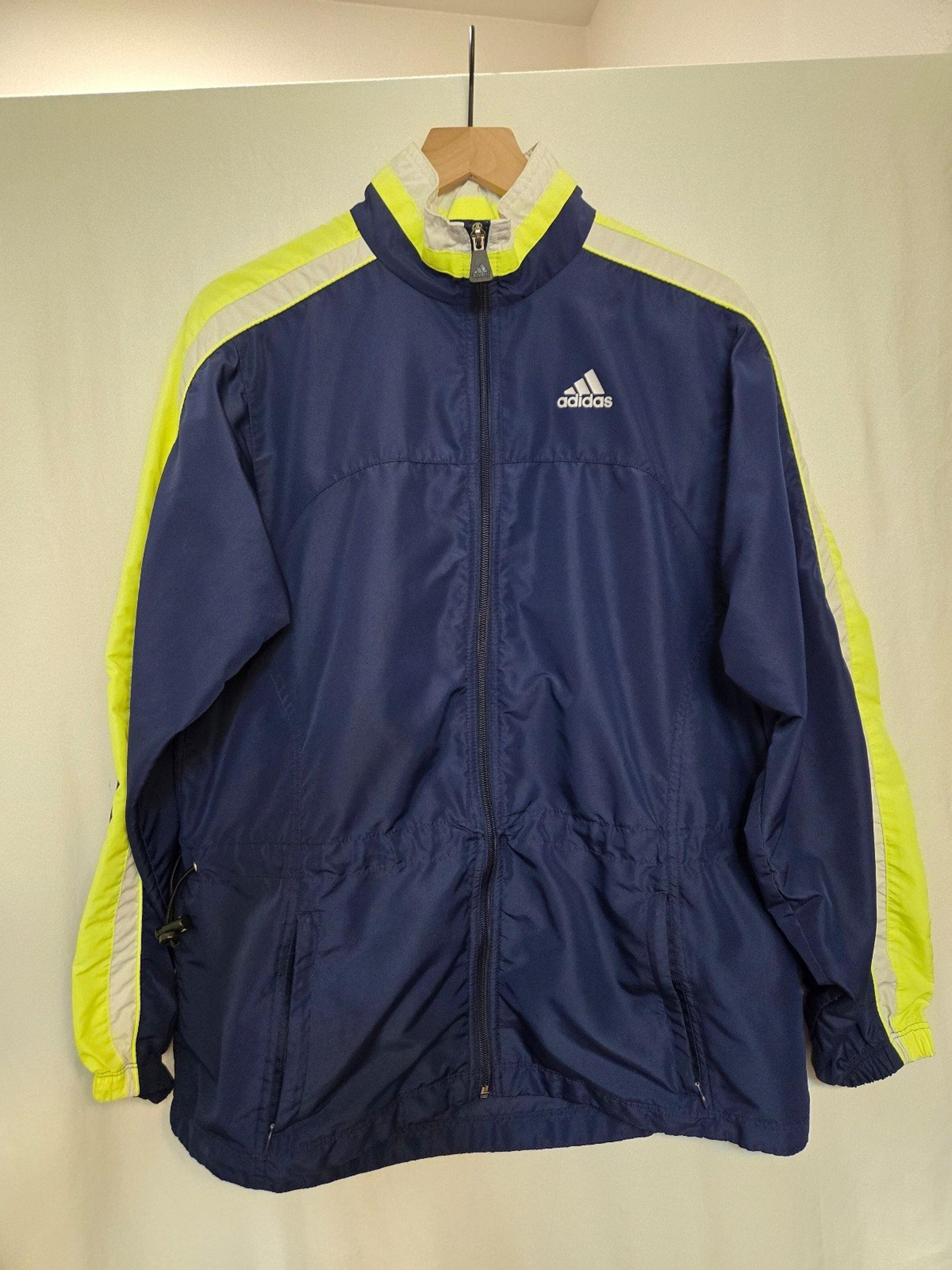 Vintage 90s Women's Adidas Windbreaker Jacket Medium Navy Blue Neon Drawstring
