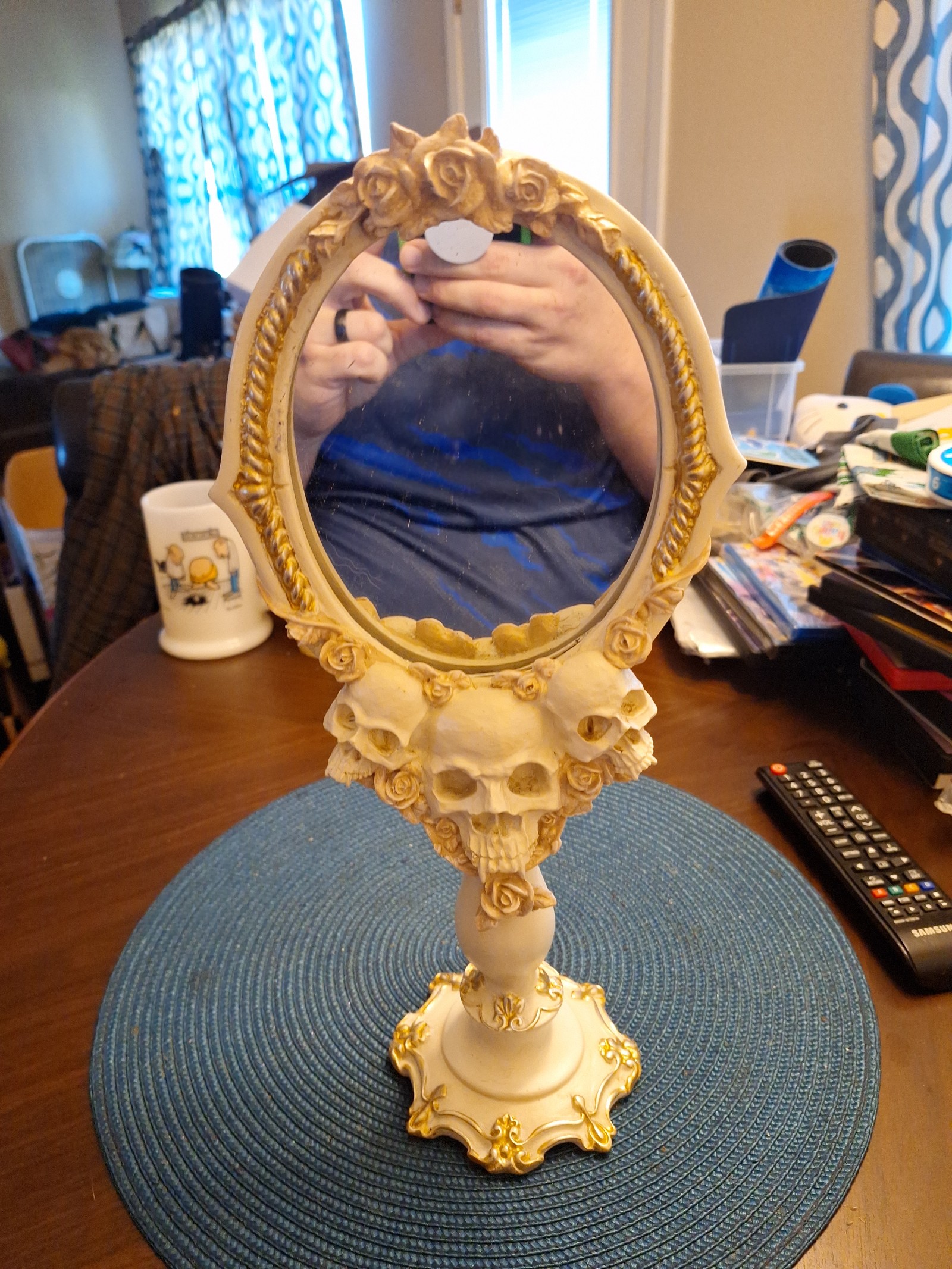 Halloween White Pink Skull Vintage Gothic Roses Vanity table top Mirror Decor