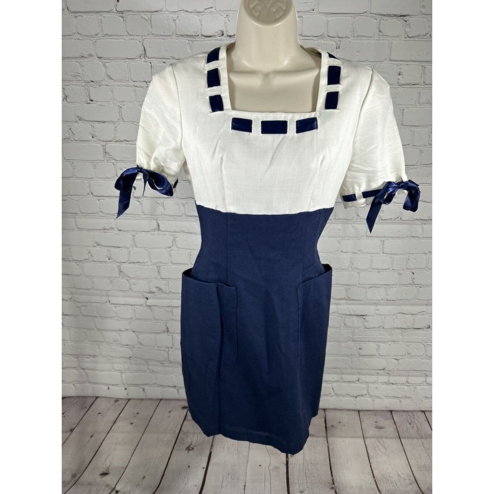 VTG 80’s 90’s Misty Lane White Blue Ribbon Accent Back Zip Sheath Dress 3/4