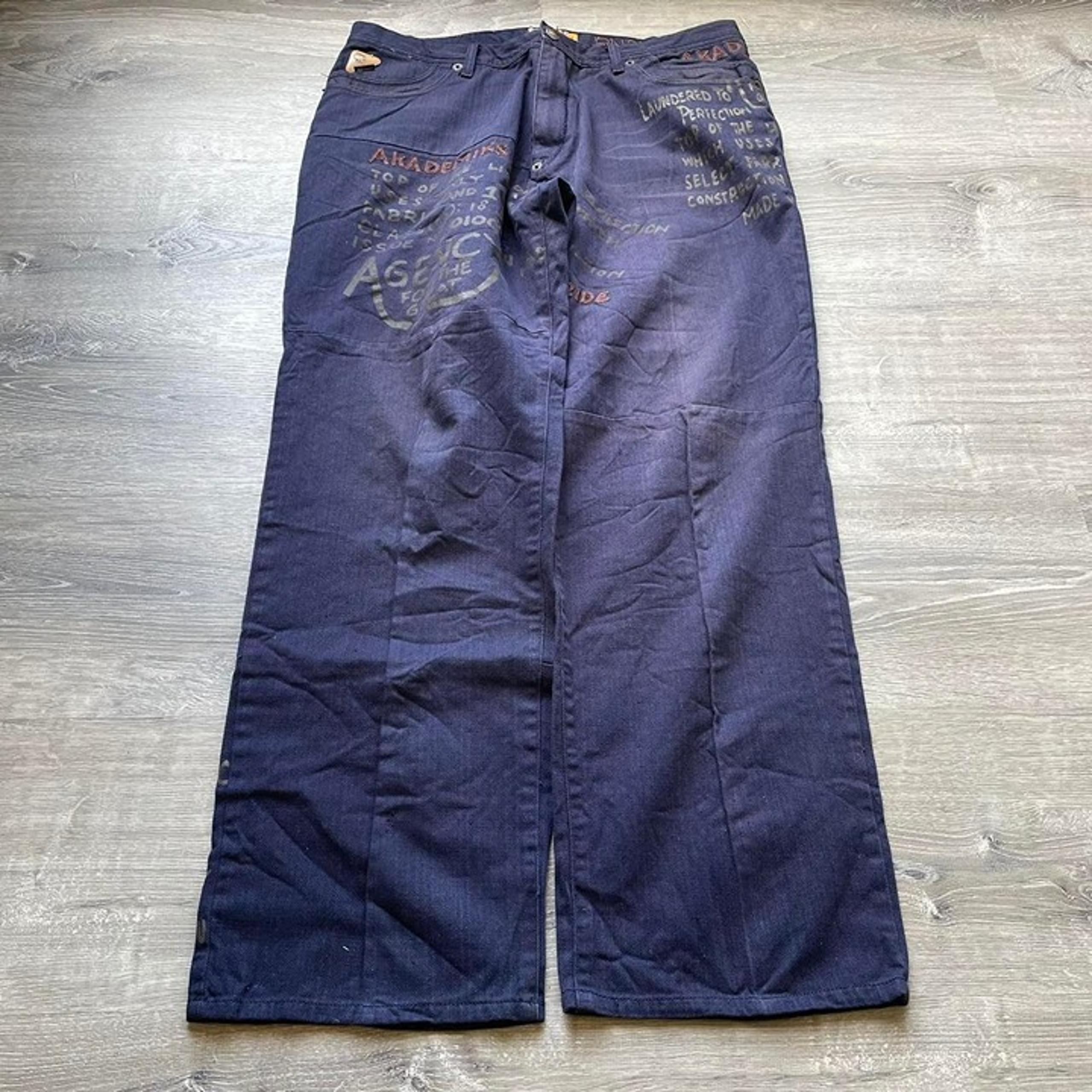 Vintage Y2K Akademiks Navy embroidered baggy wide patchwork jeans