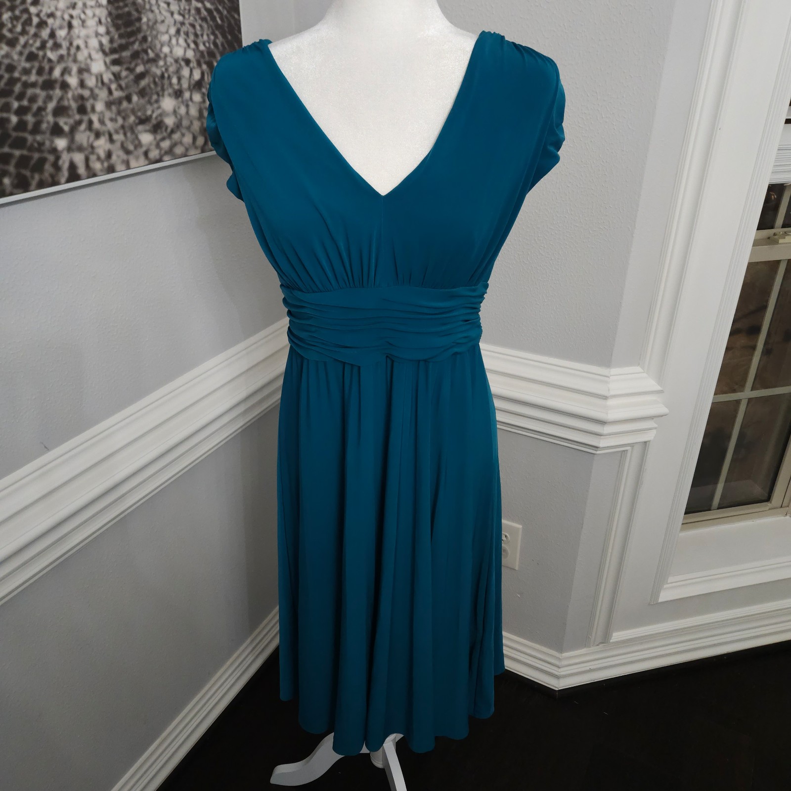 SUZI CHIN For Maggy Boutique Teal Blue Grecian Style Pleated Sheath Dr size 10