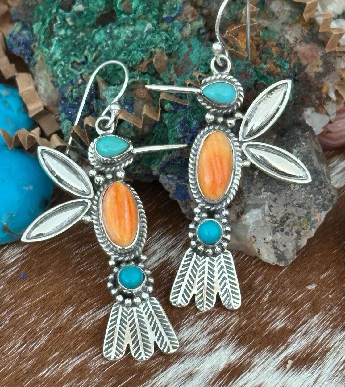 Spiny oyster turquoise hummingbird SW sterling silver earrings