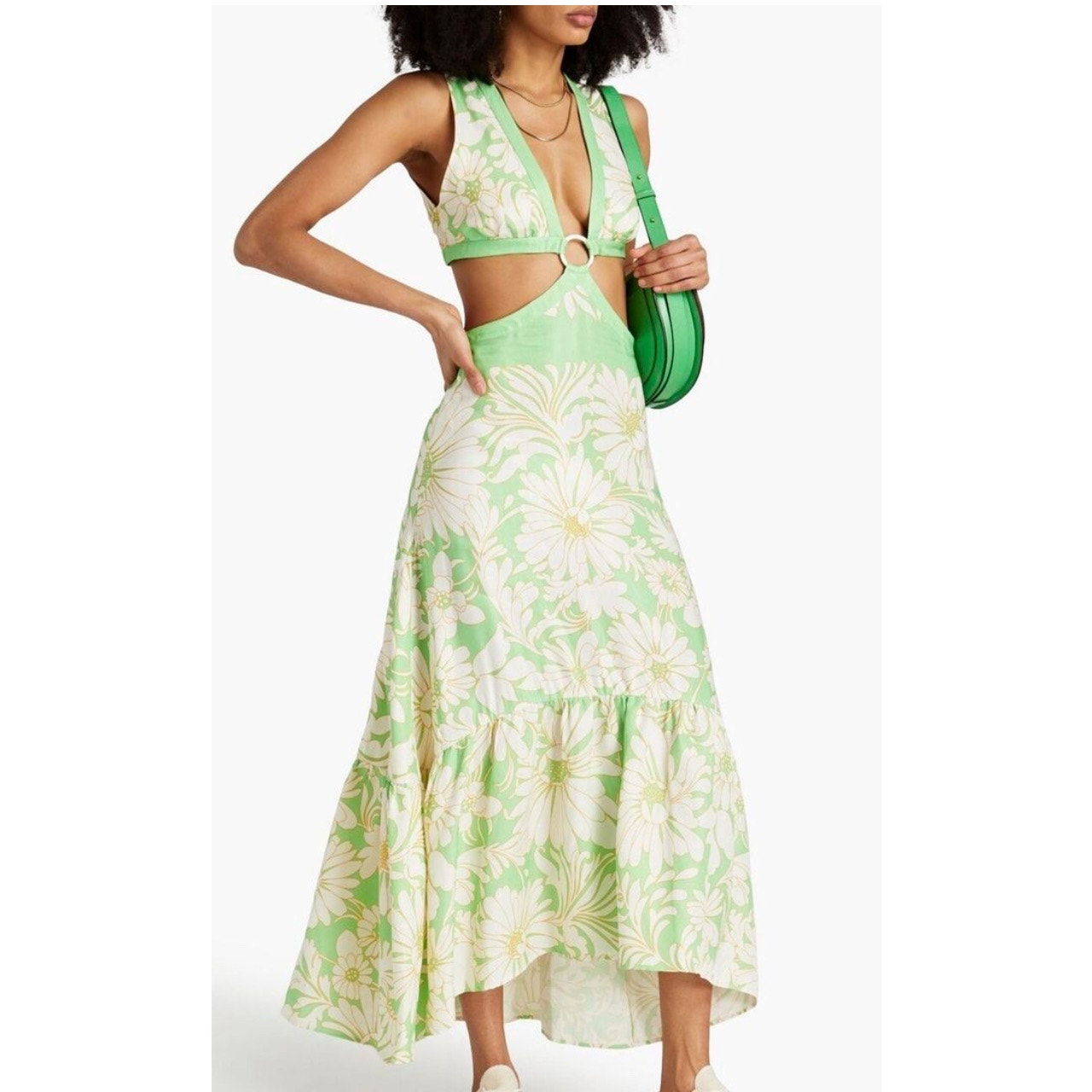 Sandro Ludmila Cutout Dress Green Tropical Floral Print Sleeveless 42 Med 490