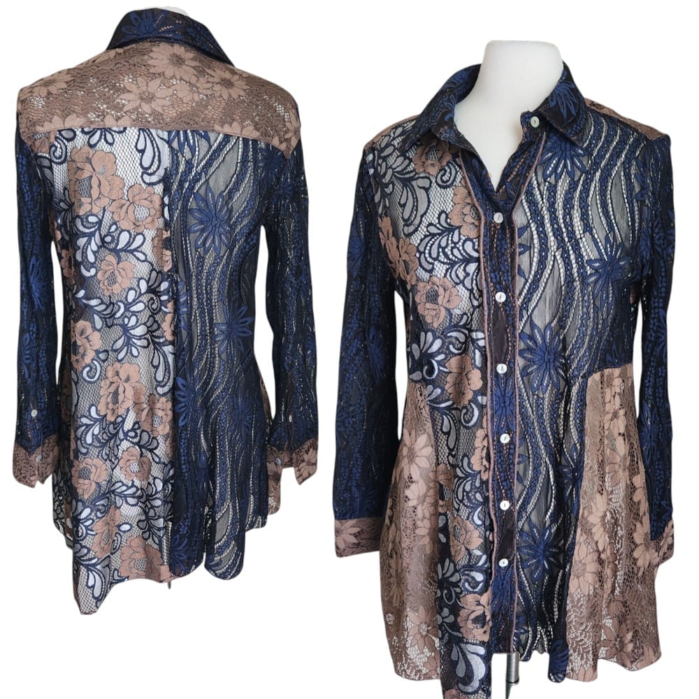John Mark Womens Patchwork Button Up Tunic Top Size M Floral Lace Sheer