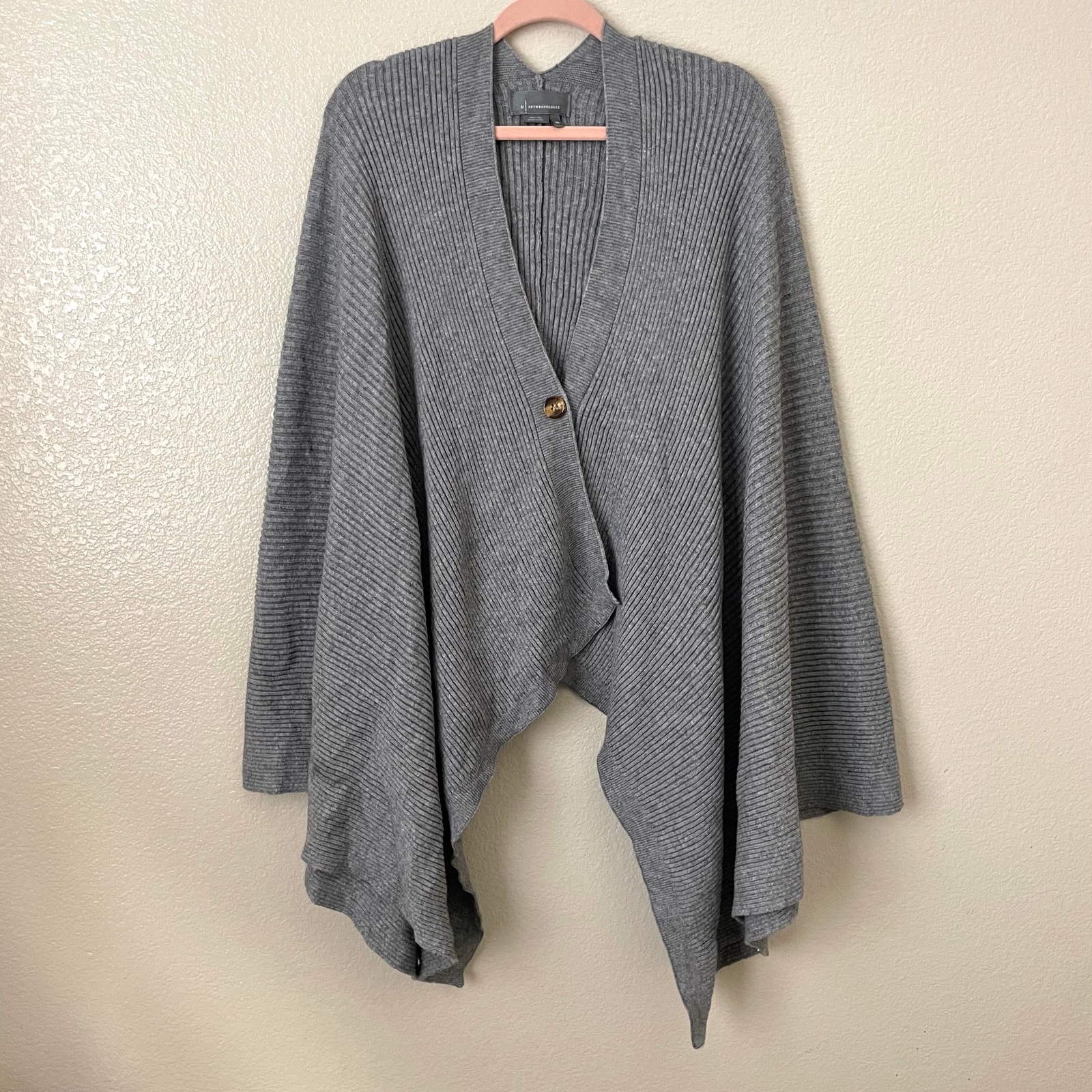 Anthropologie Poncho Sweater Womens One Size Gray Ribbed Knit Shawl Cape Boho
