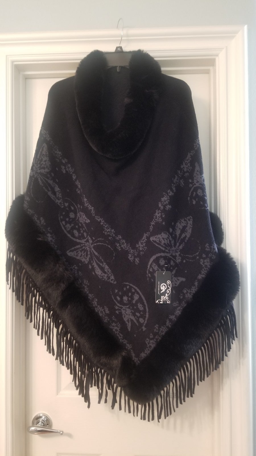 Womens Black Velvet Trimmed Poncho, NWT