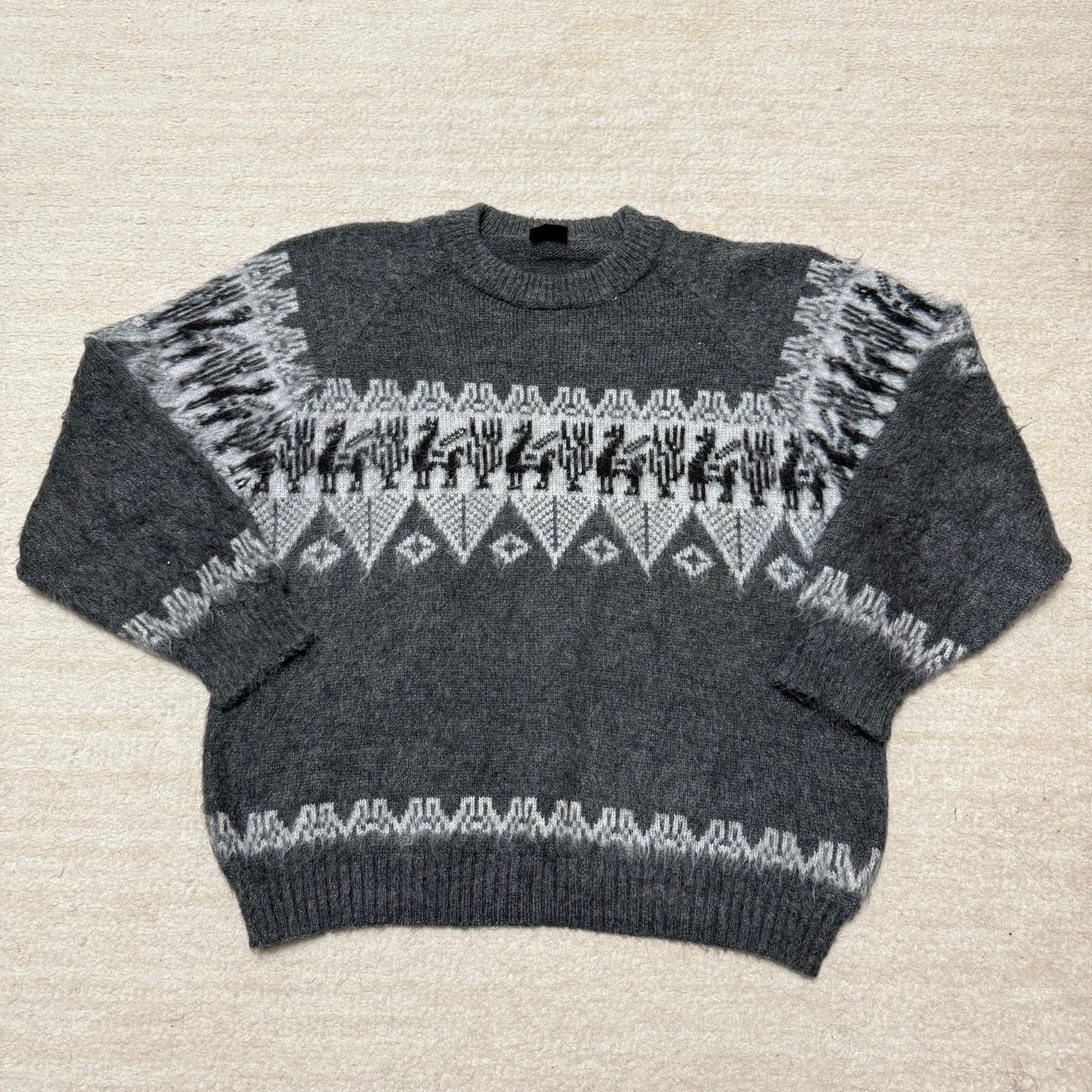Vintage Alpaca Wool Fair Isle Sweater Black Grey Adult Medium Made In Peru AOP