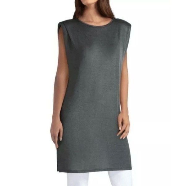 NWOT H By Halston Women's Gray Sleeveless Shoulder Pads Slits Tank Tunic Size L