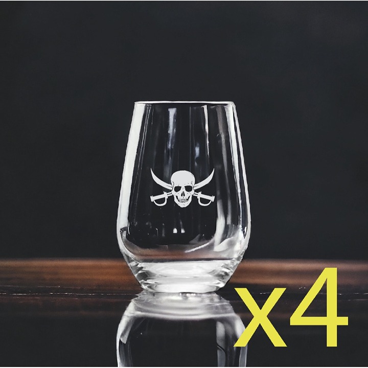 Skull Swords Stemless Wine Glasses x4 Premium 15 Oz Personalize Pirate NEW