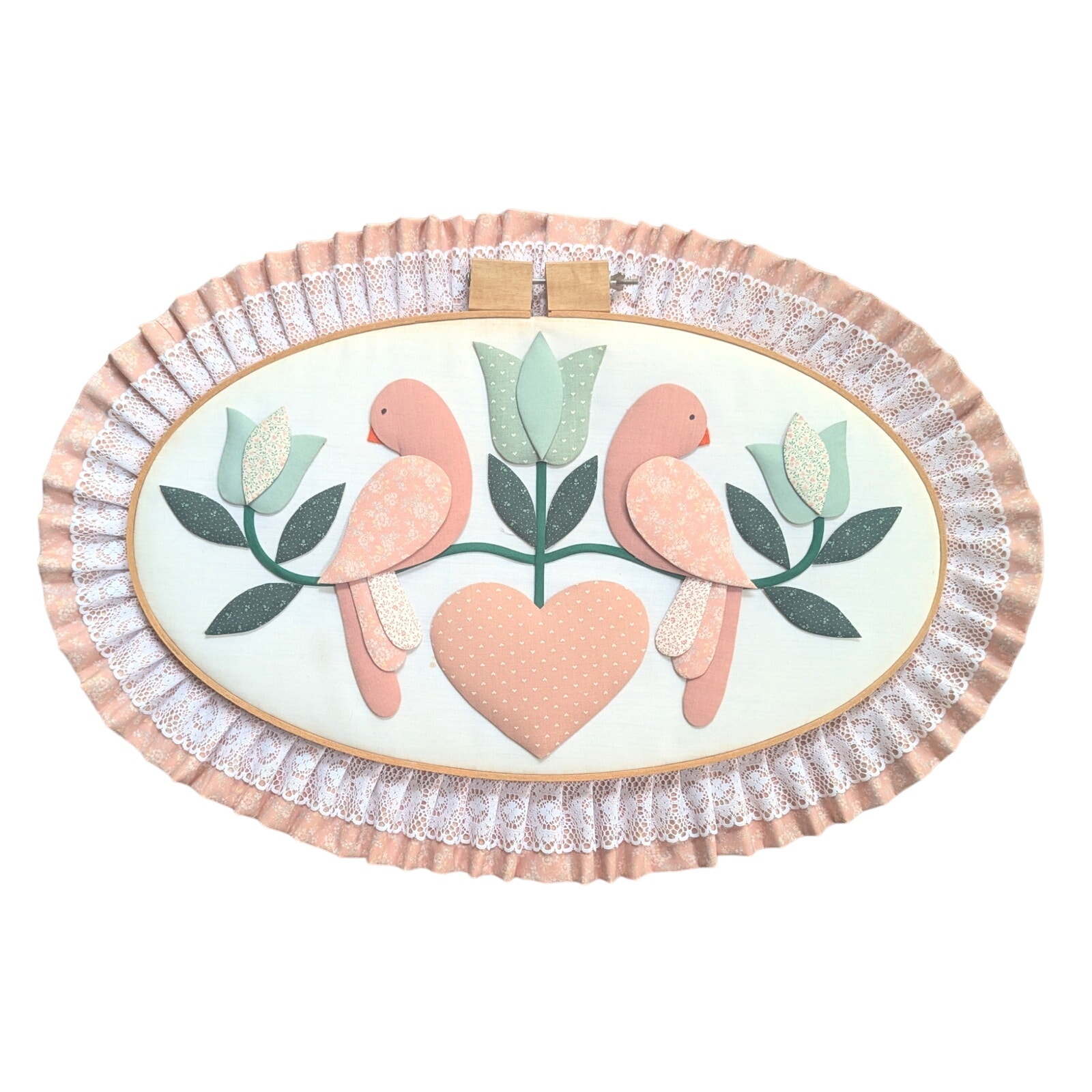 Vintage Cottagecore Peach Love Birds Tulips Heart Hoop Wall Art Large 18 x26