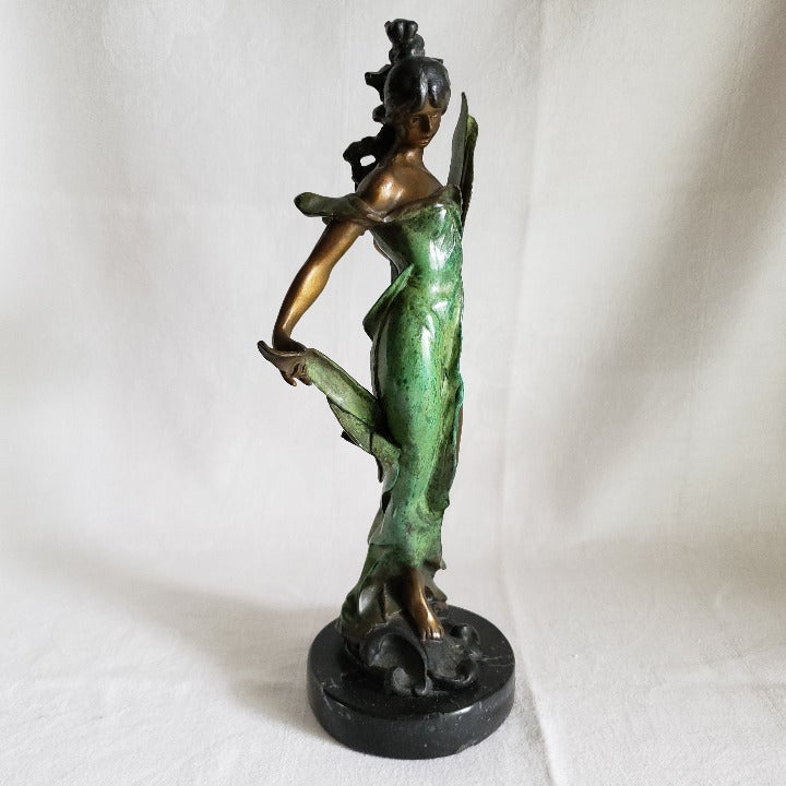 10.25 Art Nouveau Vintage Green Statue Antique Bronze Sculpture Marble Lady