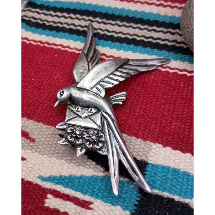 VTG 925 Silver Mexico Ave Juarez Prieto Bird Messenger Brooch Love Letter