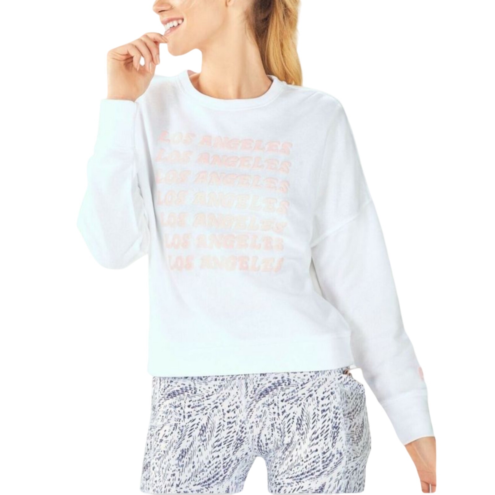 FABLETICS STACEY White Pullover Sweatshirt Soft Terry Los Angeles Graphic Small