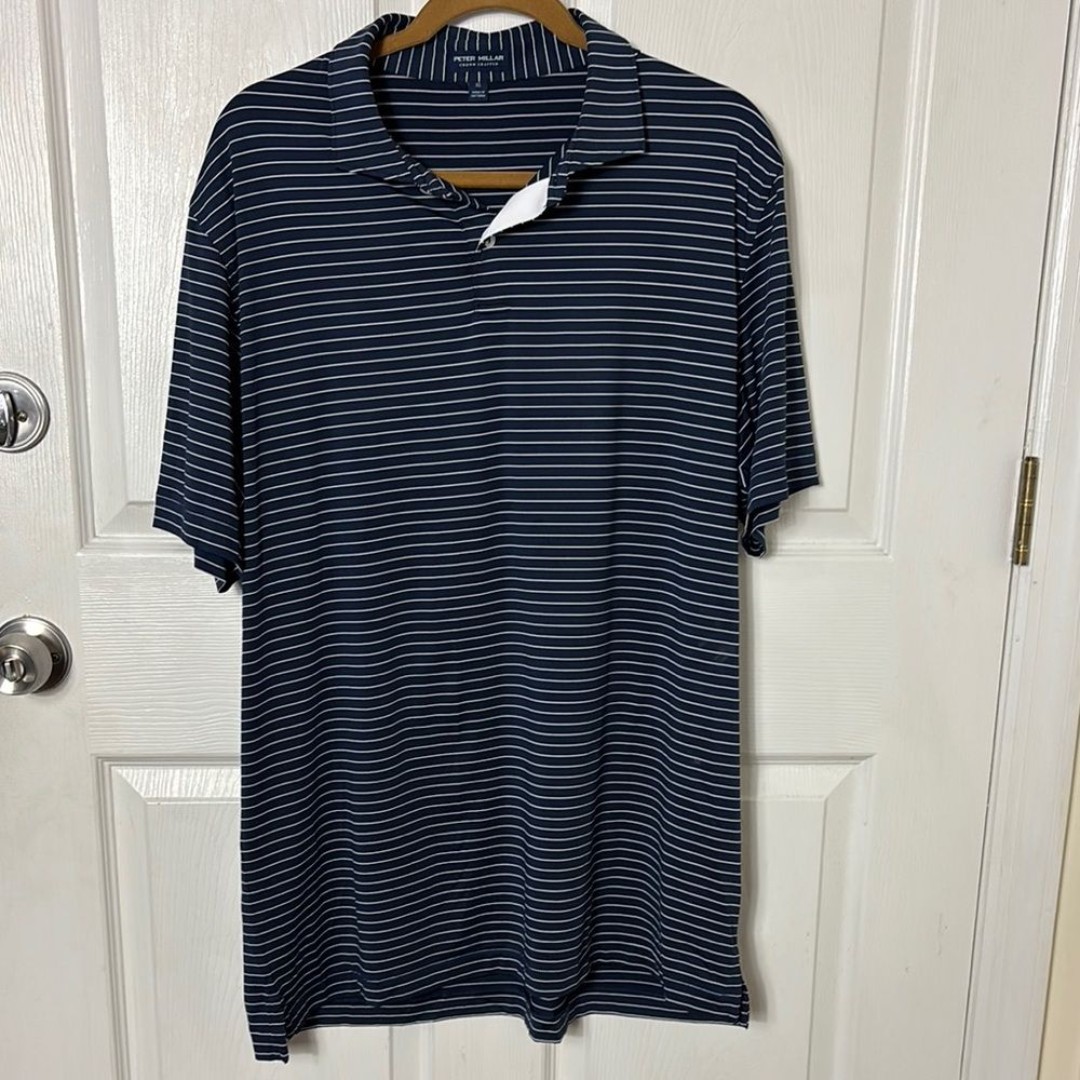 PETER MILLAR Navy Striped Sports Polo Shirt Size XL Golf Polo Moisture Wicking