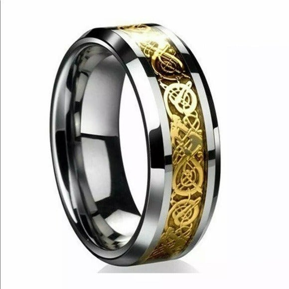 SIZES 9, 10, or 12 Celt Celtic Dragon Gold Steel Ring