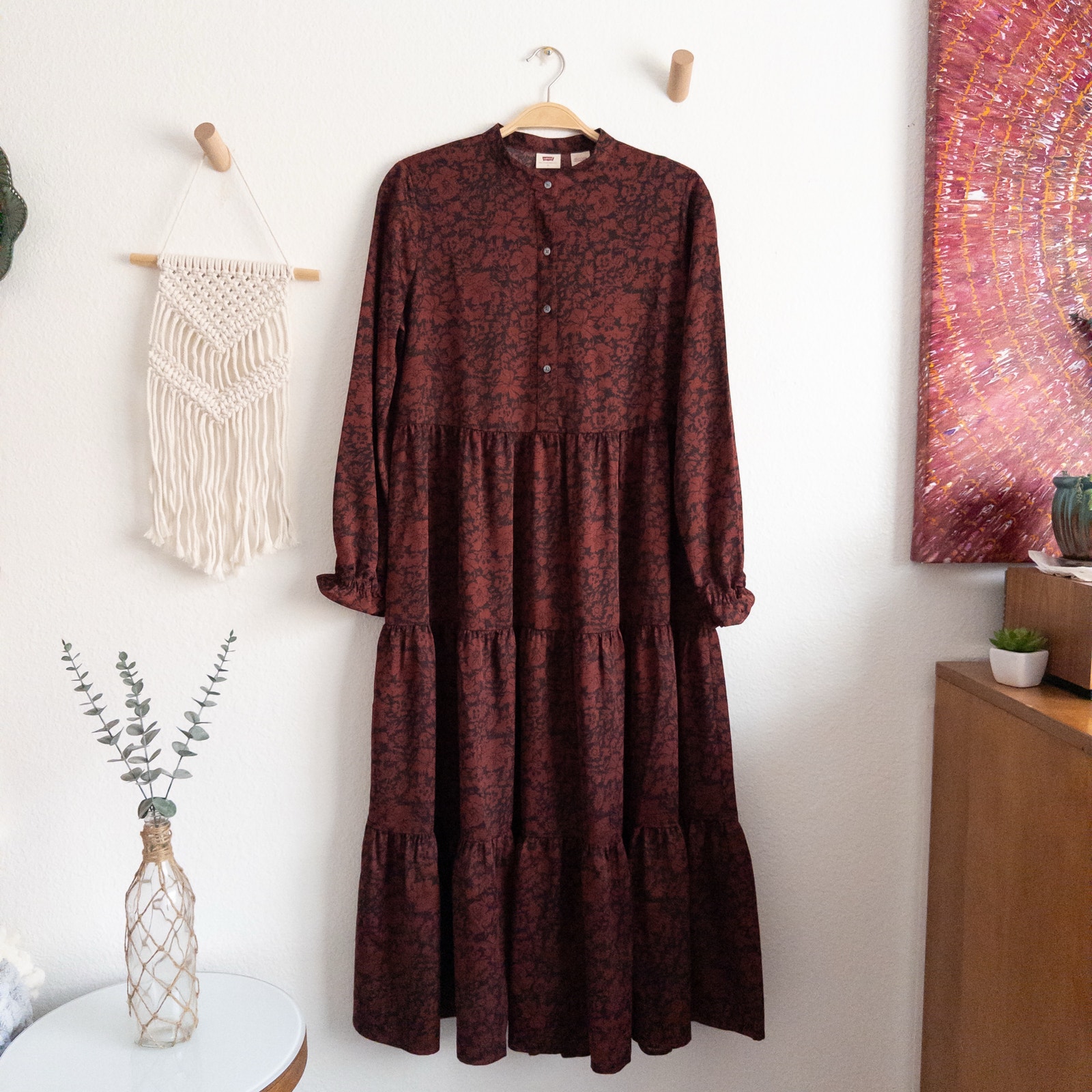 Levi's Burgundy and Blue Floral Tiered Maxi Dress Size Small