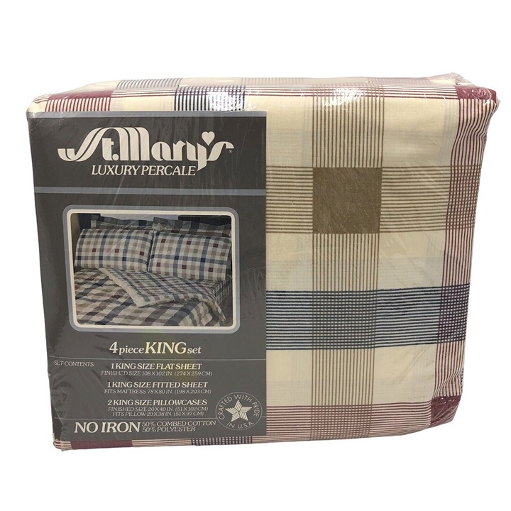 VTG St. Mary’s Shirting Plaid 4-Piece King Sheet Set Red Blue Cabin Cottagecore