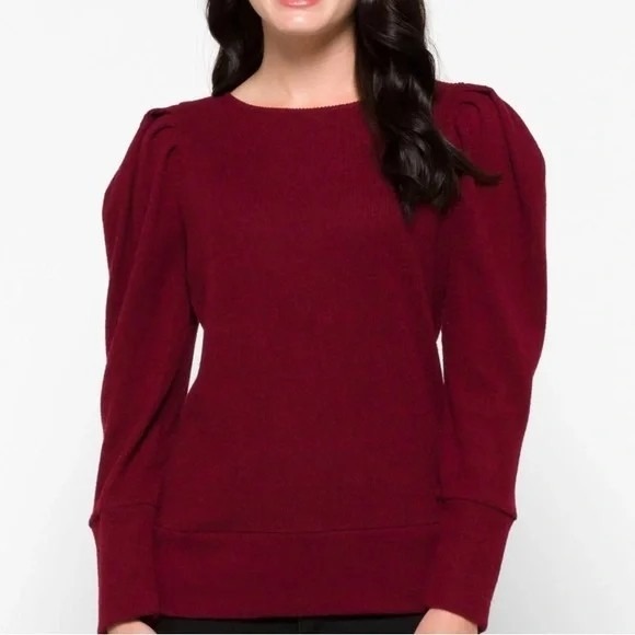 Karl Lagerfeld Paris Ribbed Knit Puffed Shoulder Top Burgundy Red