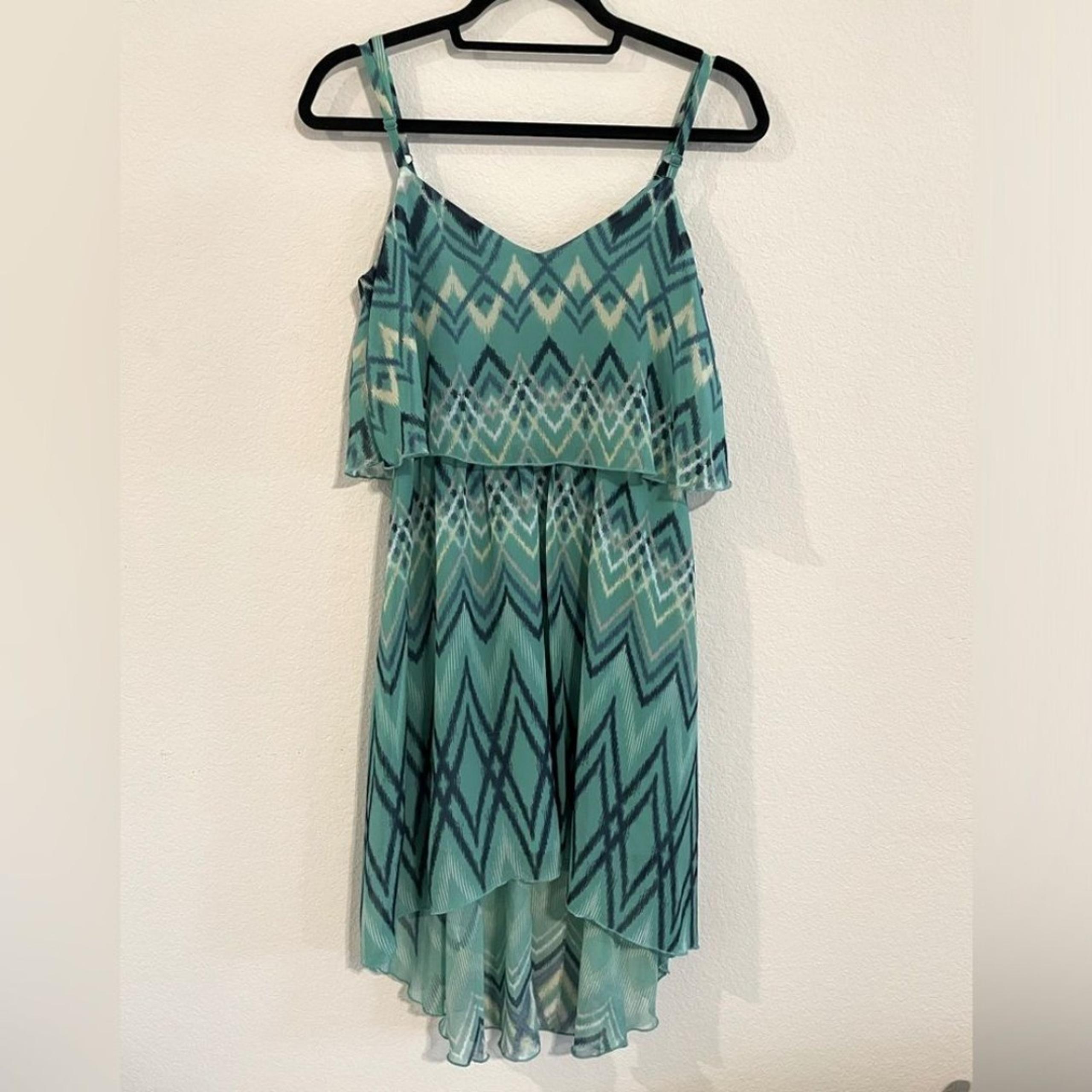 Lily Rose Flirty Blue & Green Geometric Print Tier Ruffle Flowy High Low Dress