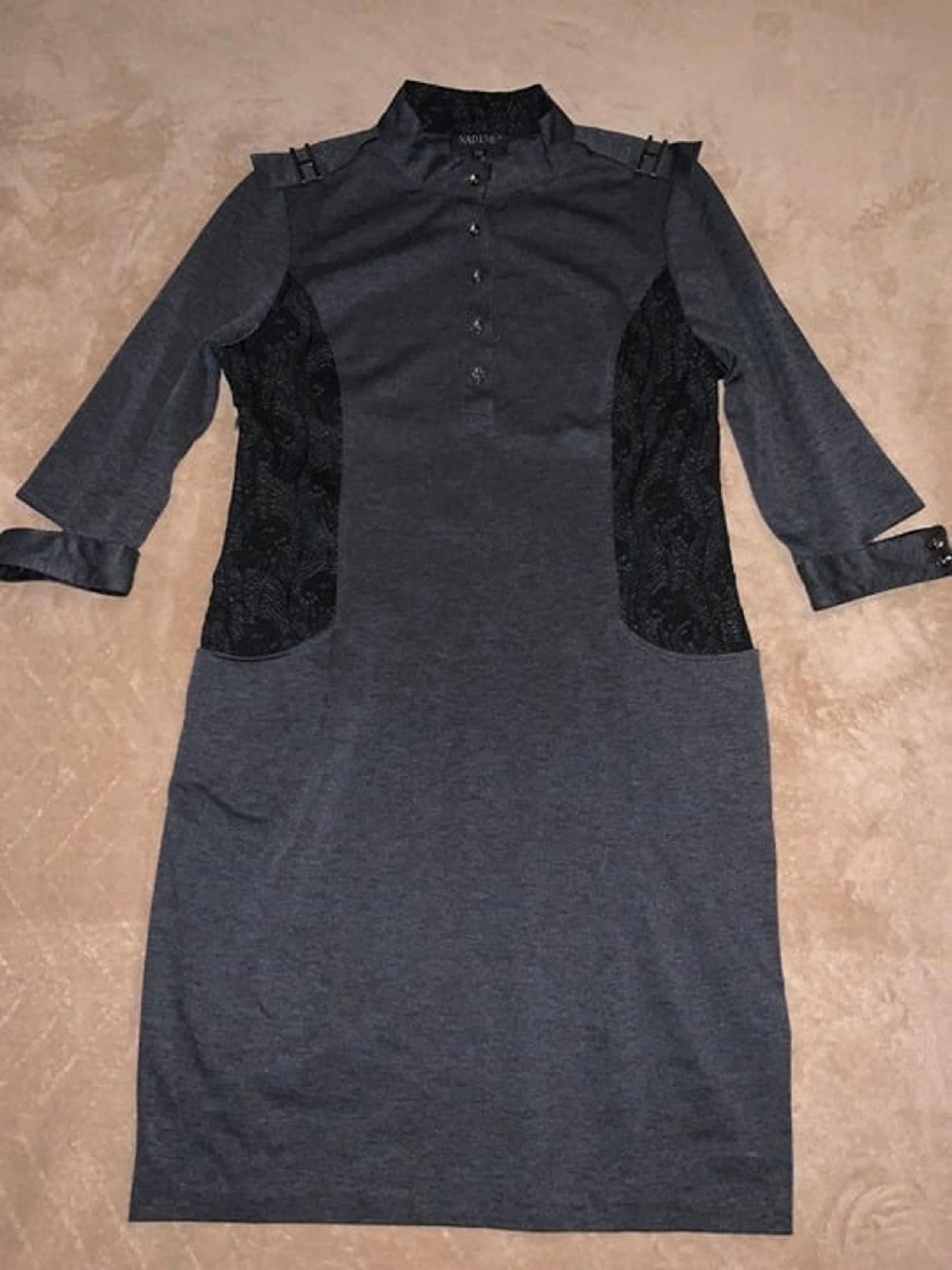 Vtg Nadine Women XXL Black Gray 3/4 Sleeve Pocket Lace Body Con Office Dress C02