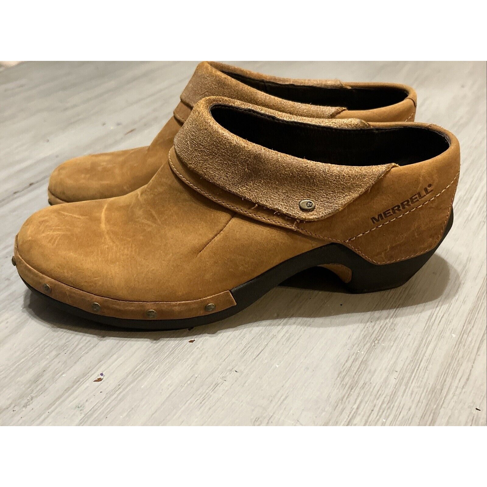 Merrell Luxe Wrap Dune Brown Leather Mule Studded Clogs Womens Size 7