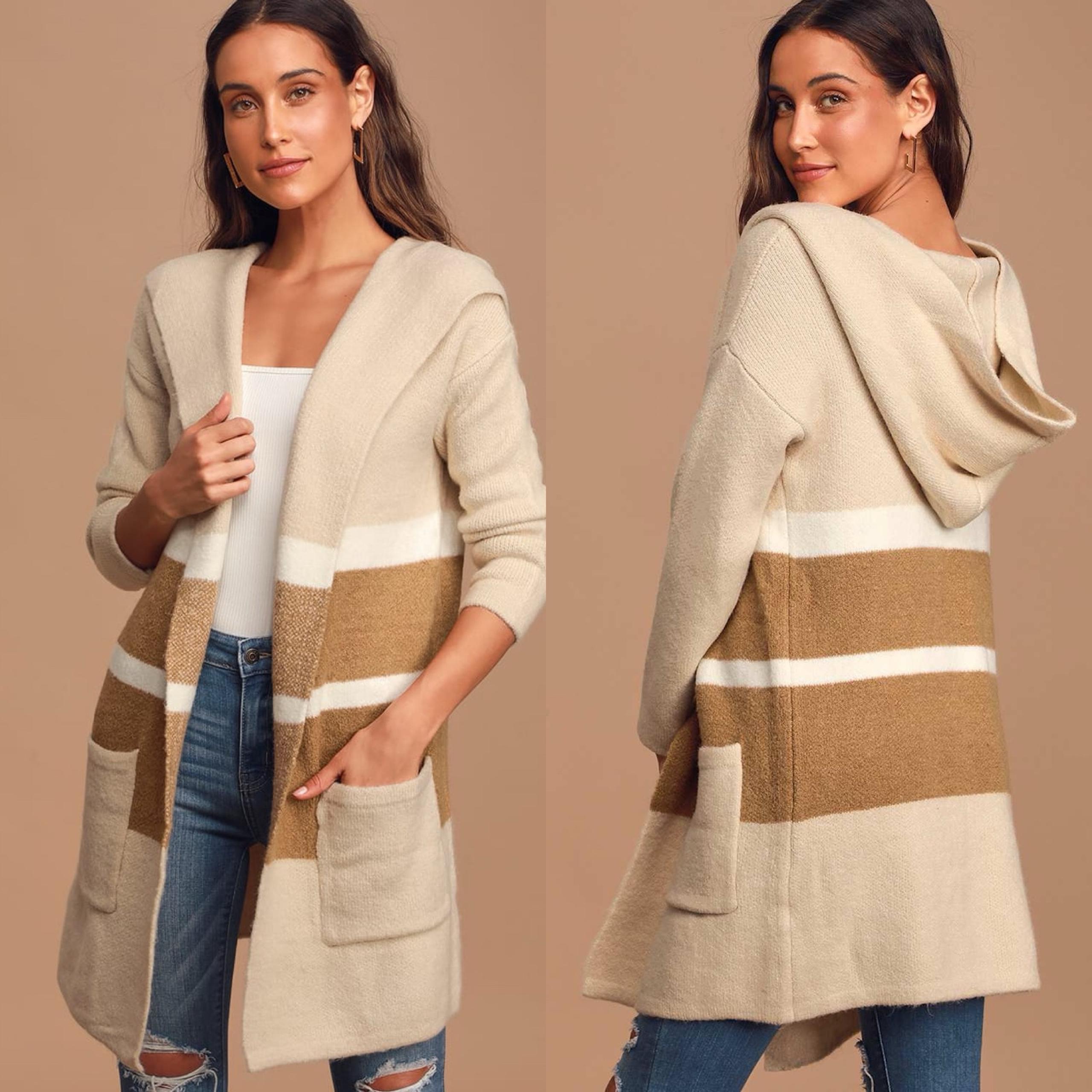 Lulus | Carlsbad Tan and Beige Hooded Cardigan Sweater