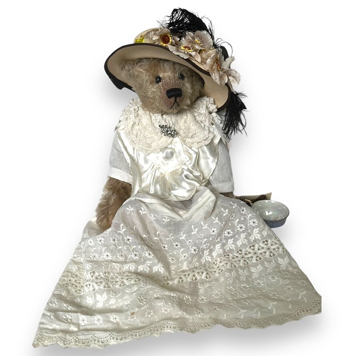 Vintage 23 Heidi Steiner Mohair Teddy Bear Isabel w/ Tea Cup & Panama Hat