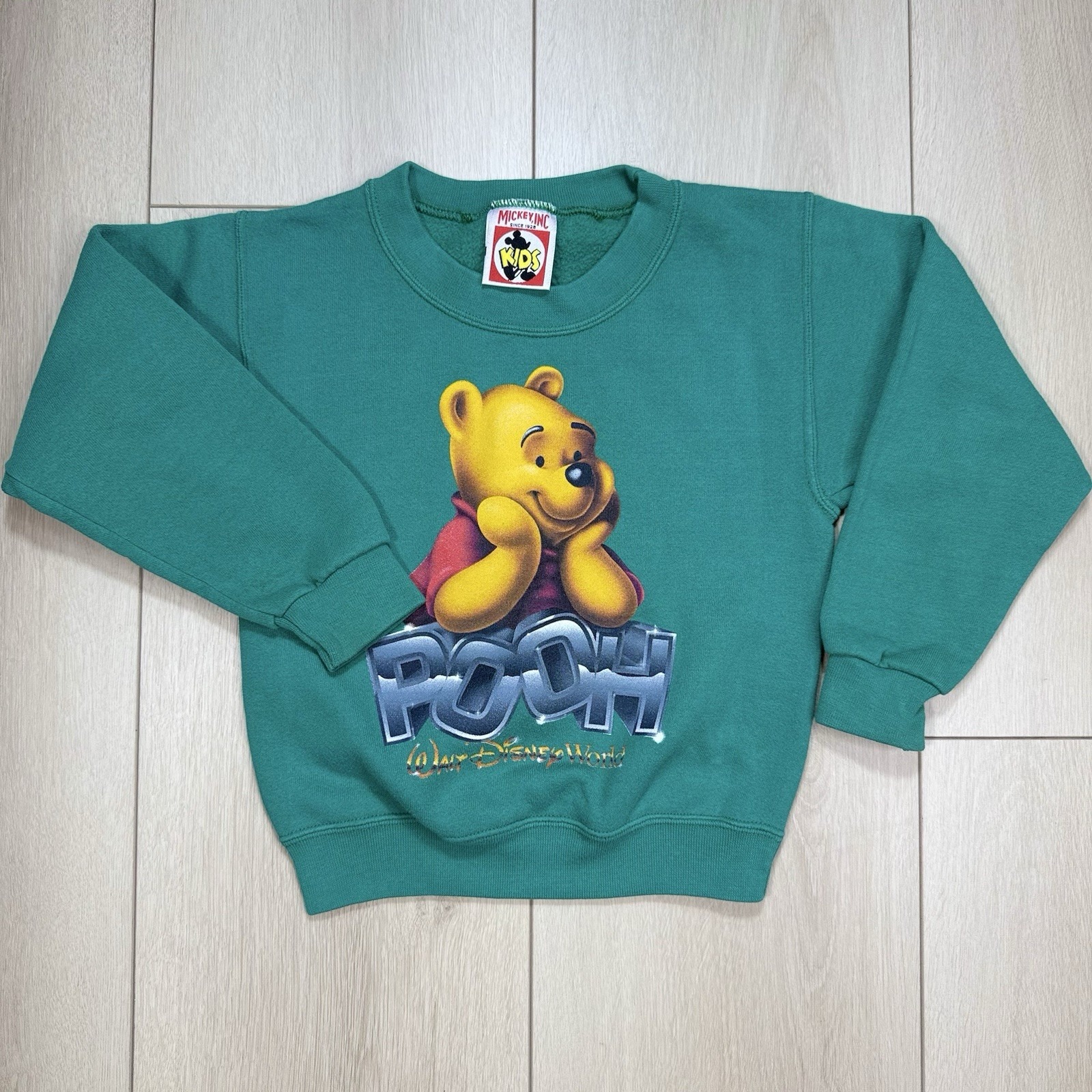 VTG 90s Winnie the Pooh Disney World Kids Sweatshirt Green Mickey Inc XS 2-4