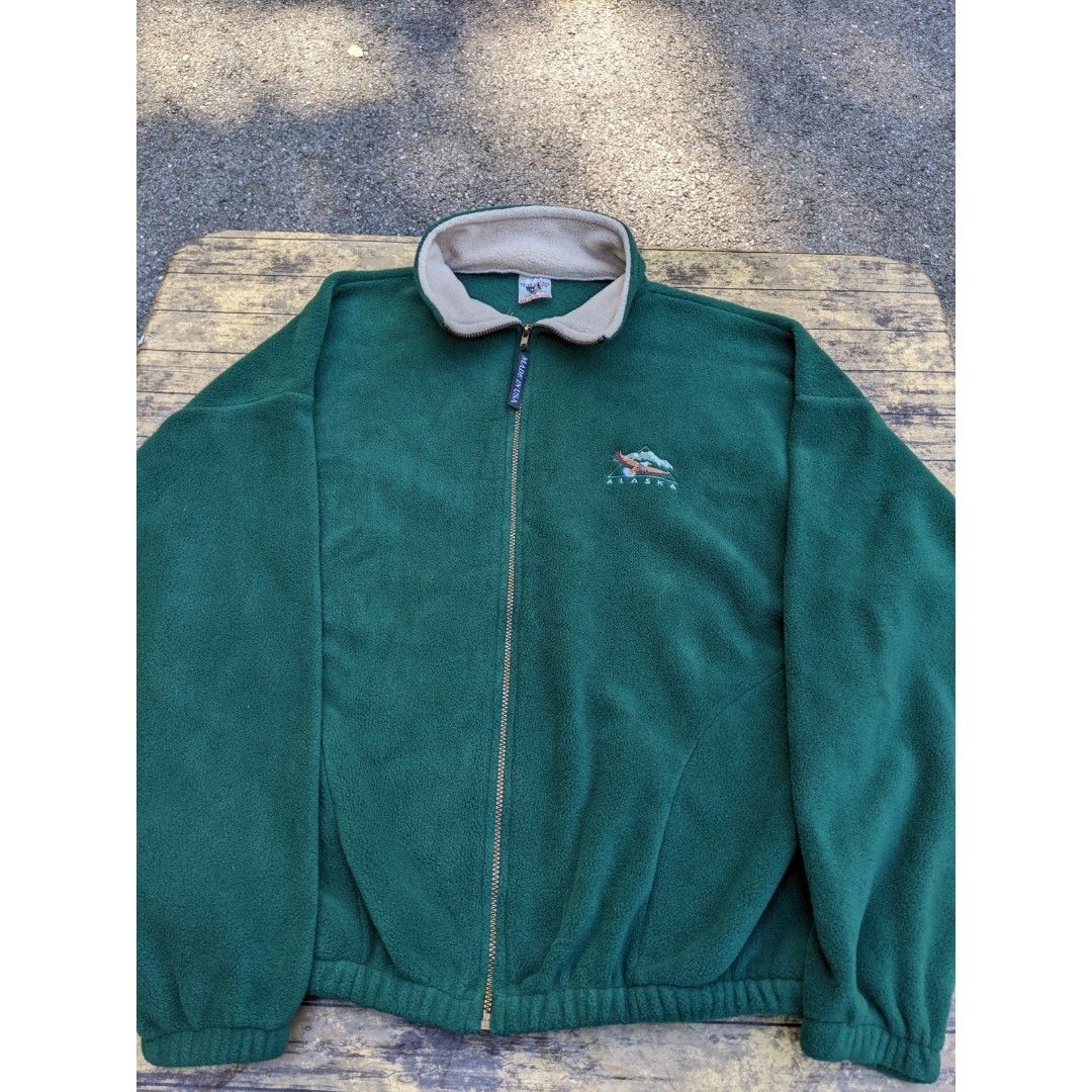 Vintage Alaska Polar Graphics Green Fleece Bald Eagle Full Zip Jacket Sz L