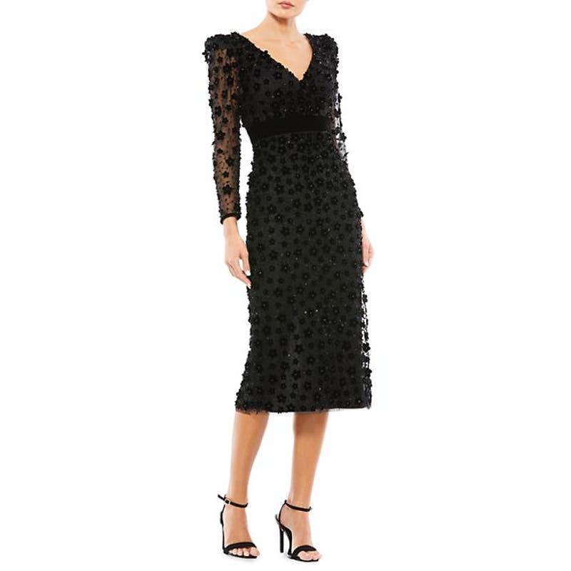 Mac Duggal Women's Black Embellished V-Neck Long-Sleeve Midi-Dress Size 8 NWT