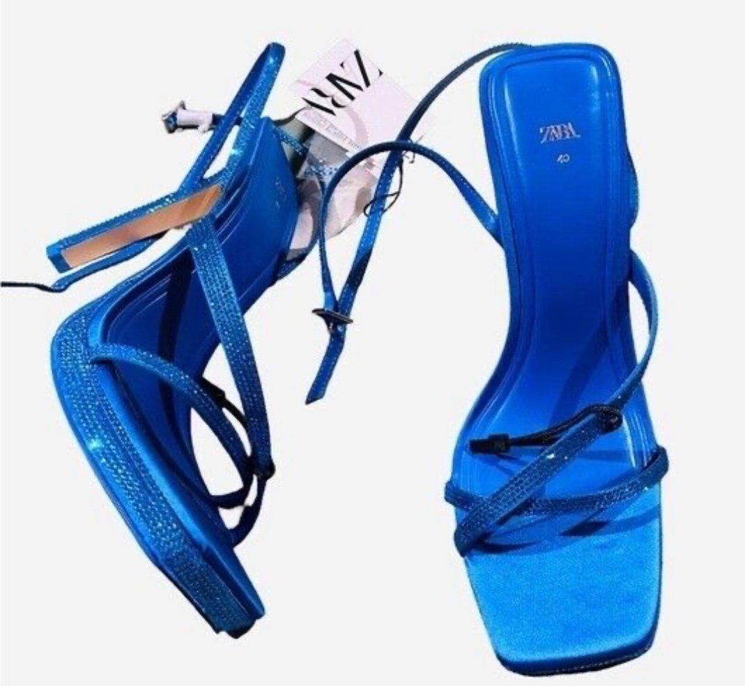 Women Zara RHINESTONE HIGH HEEL SANDALS Gladiator Leather Blue SZ-42