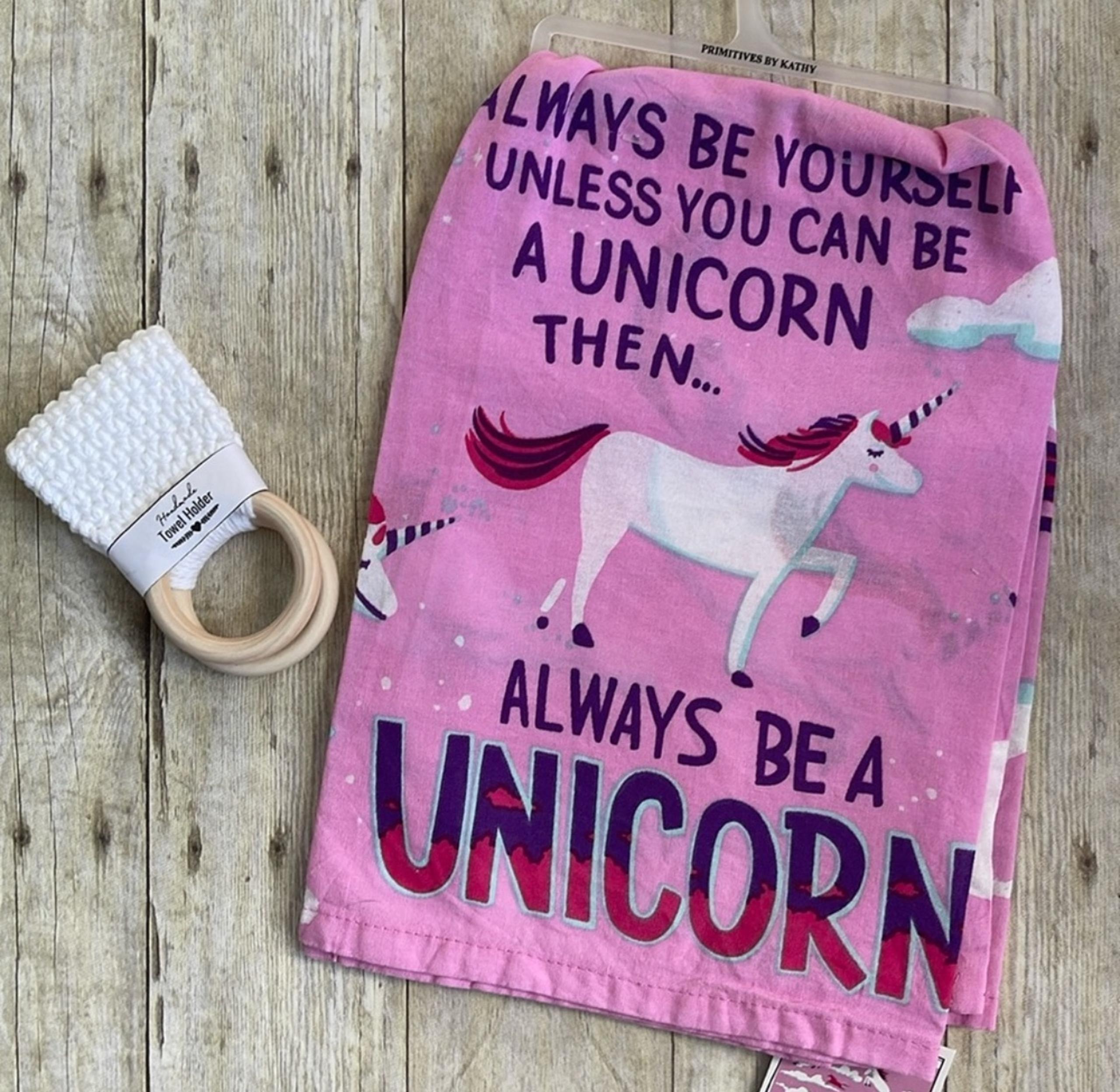Two Pc Set Towel Set Pink & Purple Unicorn Kitchen Linens & Crochet Hanger