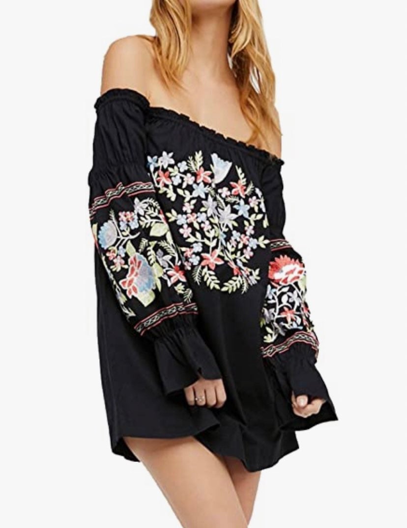 FREE PEOPLE Fleur Du Jour Dress S Black Embroidered Off The Shoulder Mini Shift