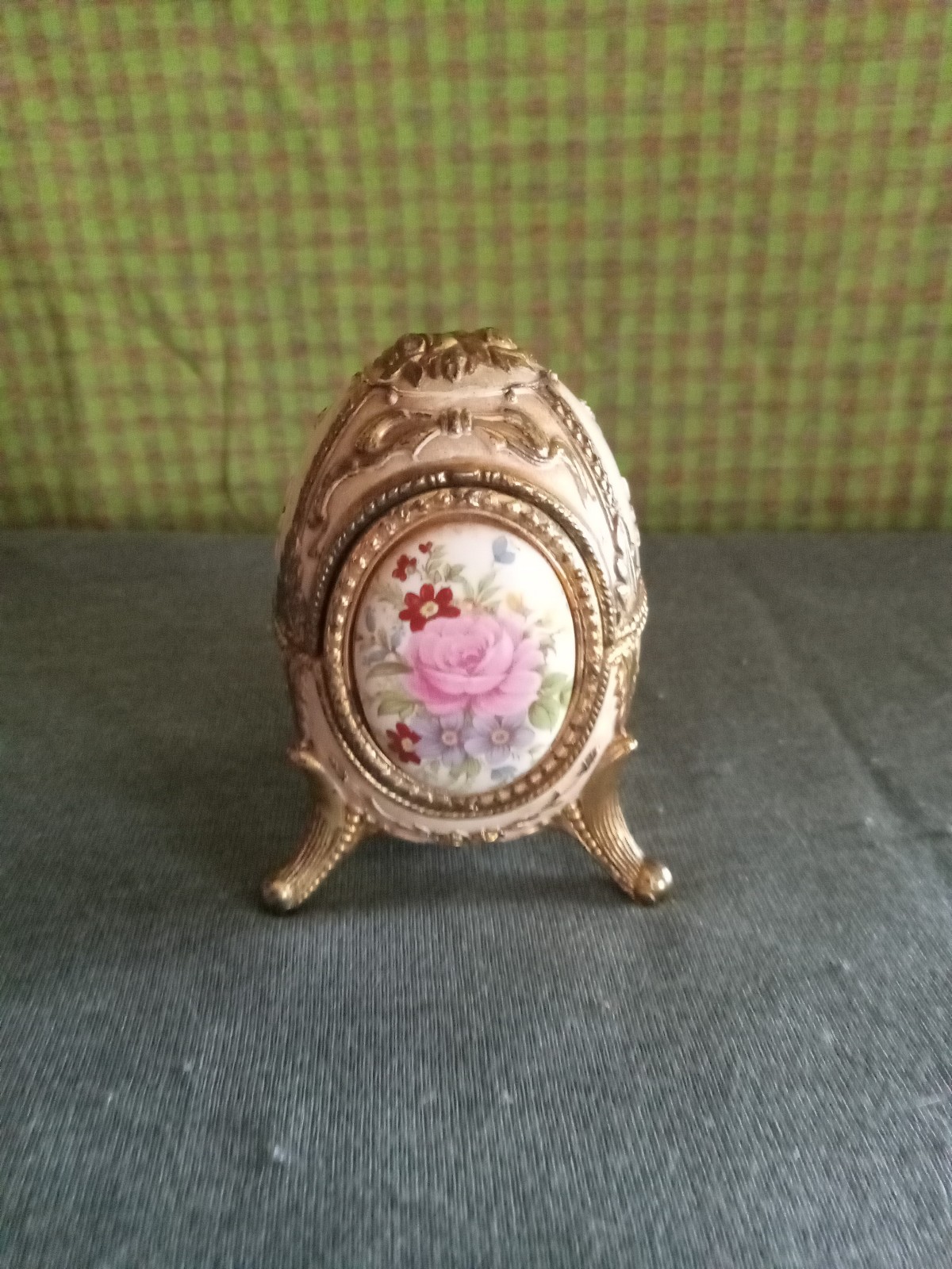 A Vintage 3.5 Victorian Brass And Bone, Egg Shaped Trinket/Music Box