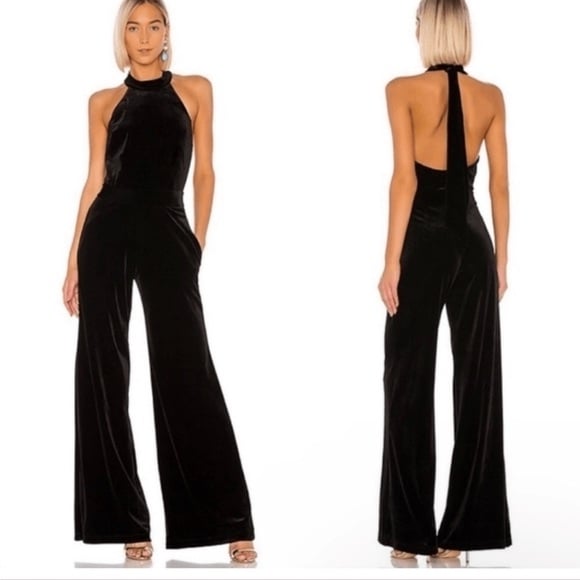 NWT MISA Los Angeles Xandra Black Hammered Satin Wide Leg Halter Jumpsuit