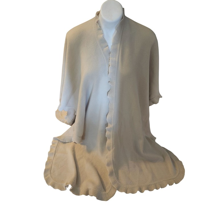 Beige Tan Angel Wrap Shawl Coverlet with Ruffle Trim 37x40 One Size Acrylic