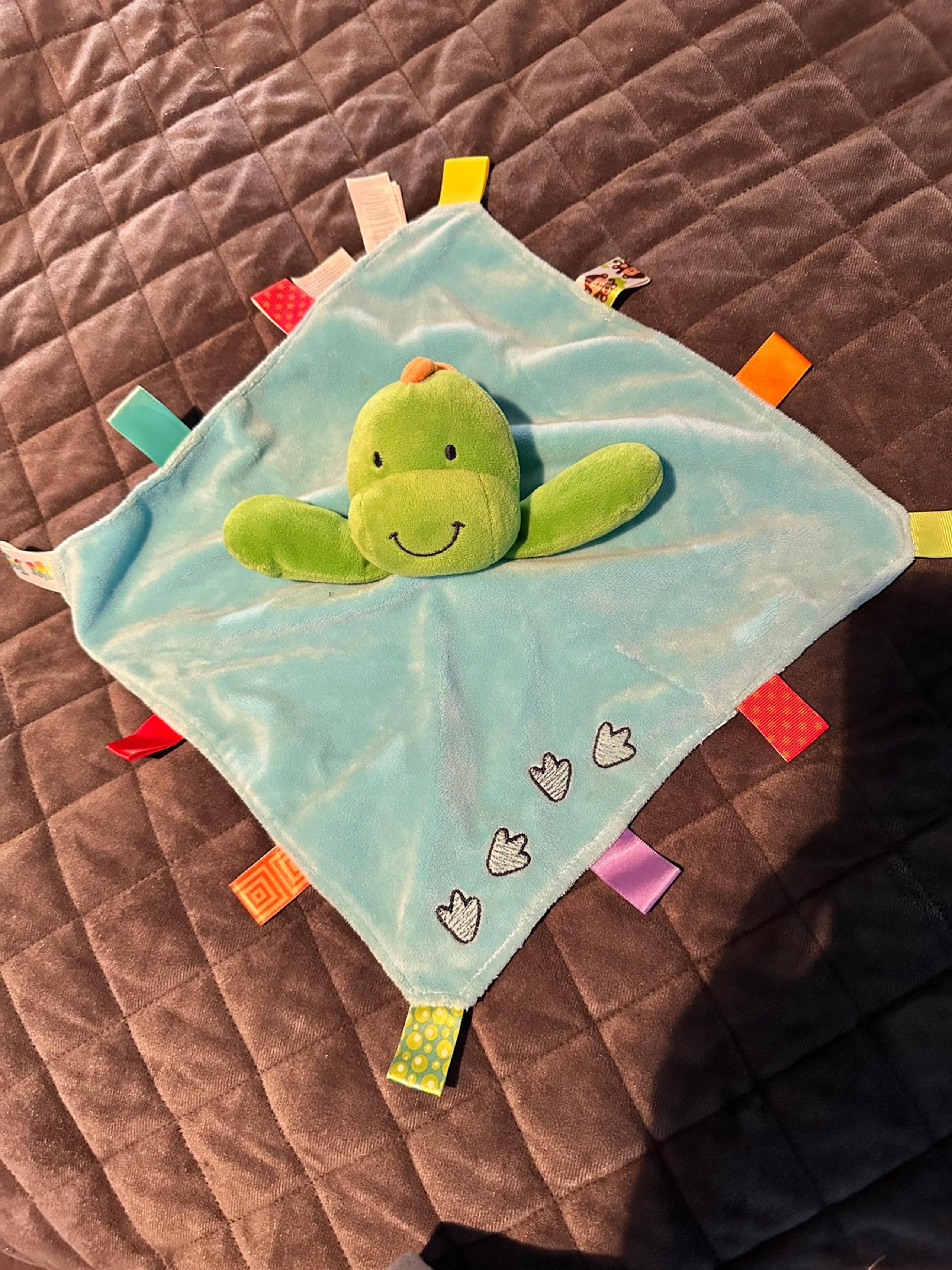 Taggies Dinosaur Lovey Soother Rattle Plush Green Blue 12”