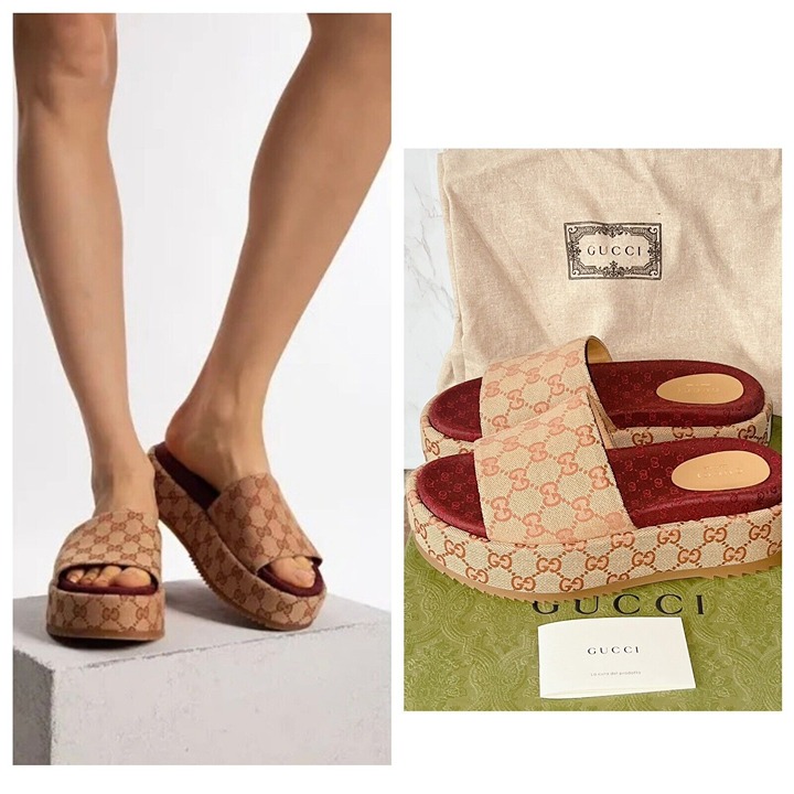 Gucci Angelina Supreme GG Logo Platform Slide Sandal Beige Women EU 37.5 US 7.5