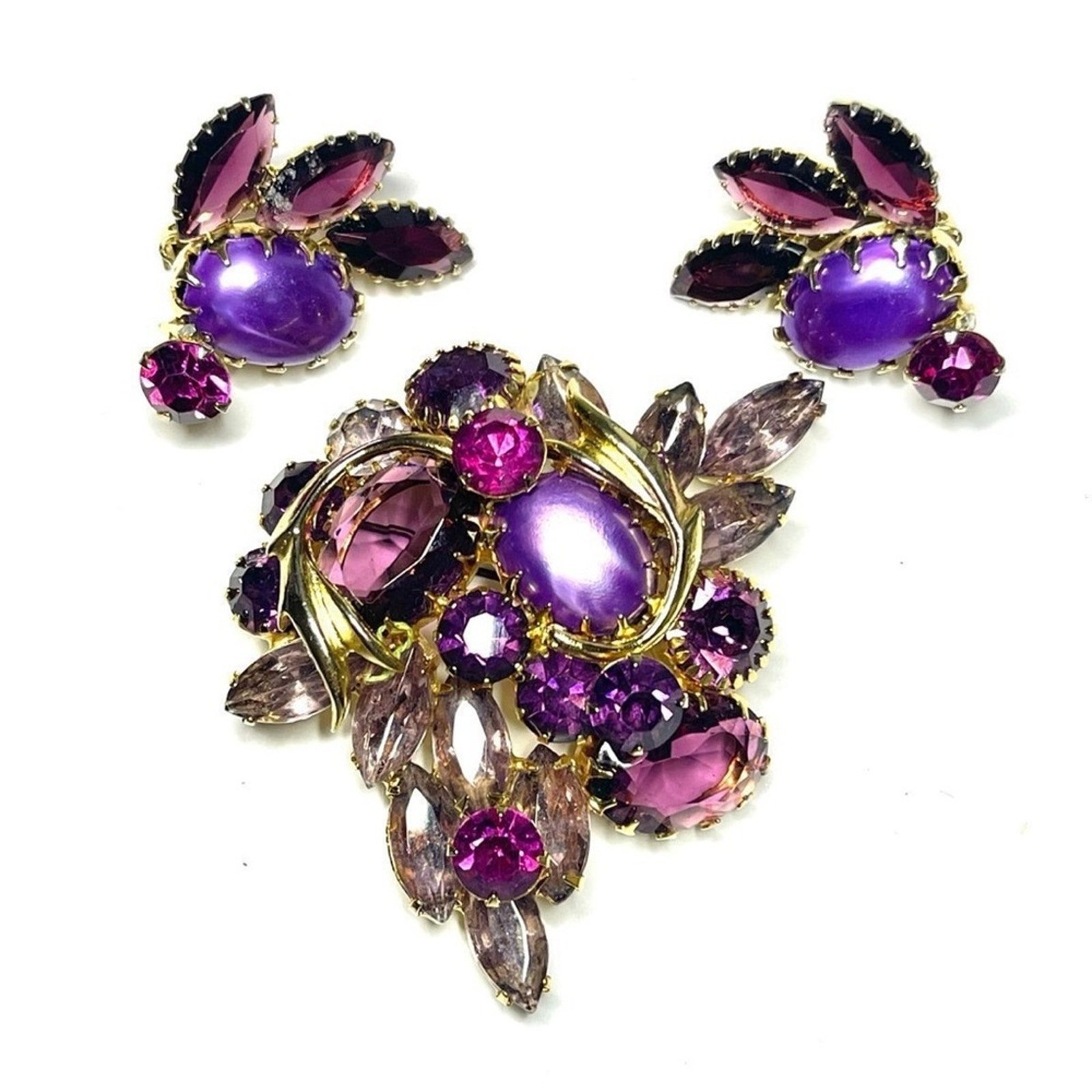 Vintage Brooch Earring Purple Rhinestone High End Juliana Costume Jewelry A18