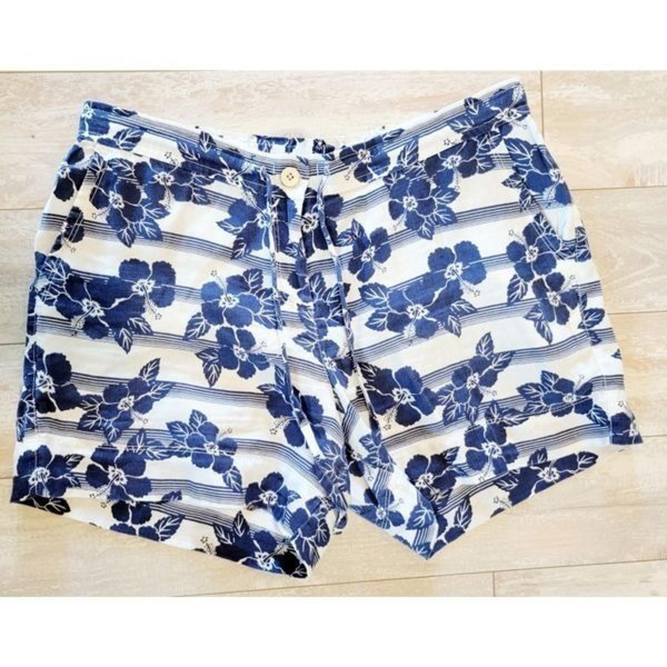 Tommy Bahama M Floral Linen Shorts Womens Tropical Blue White Pckts Button & Zip