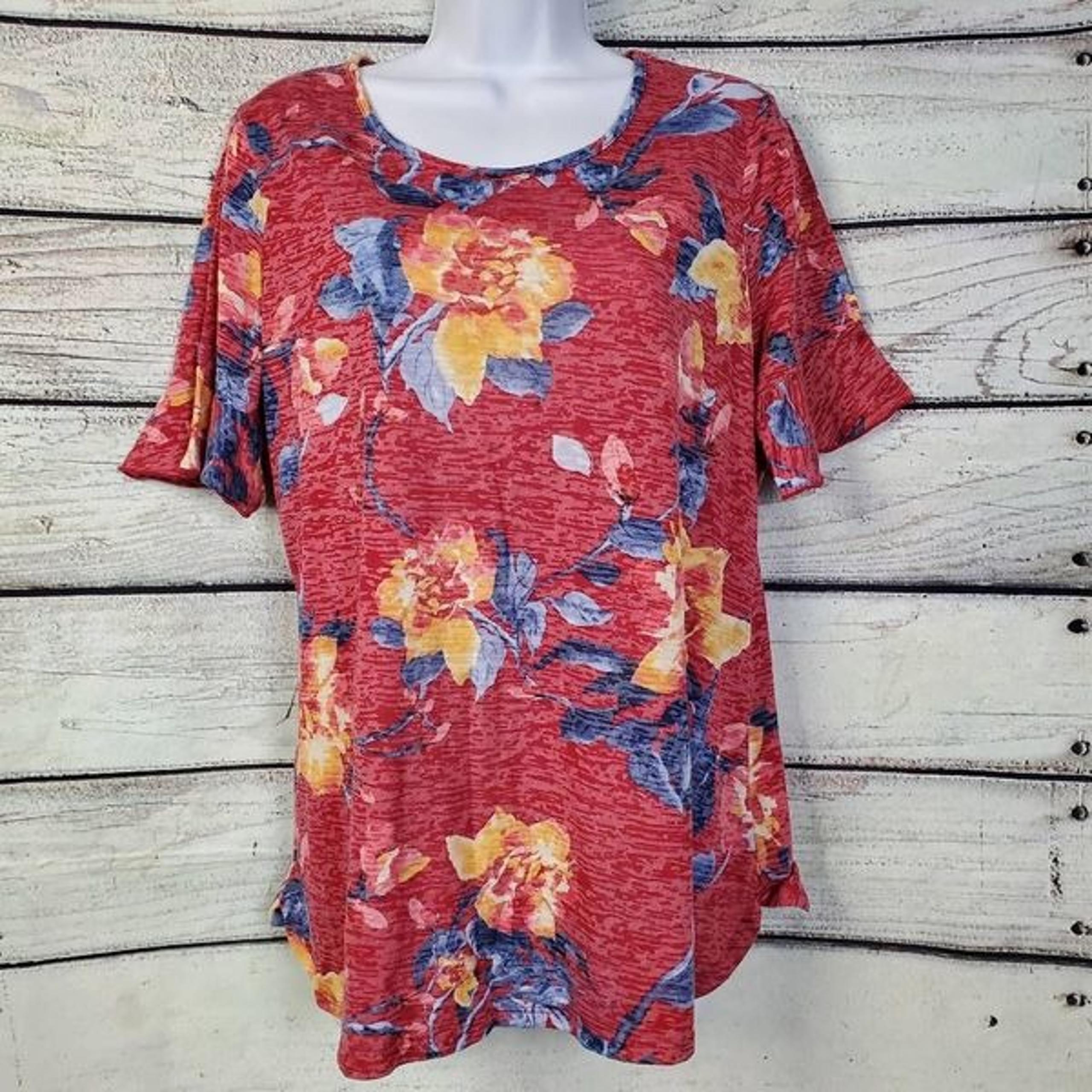 Christopher & Banks Red Floral Ruffle Sleeve Top L Short Sleeve Lightweight
