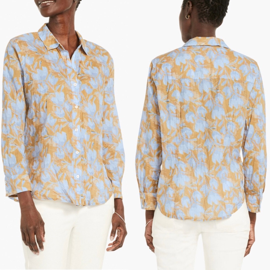 Nic + Zoe Midday Meadows Crinkle Cotton Button Down Mustard Yellow Blue Floral