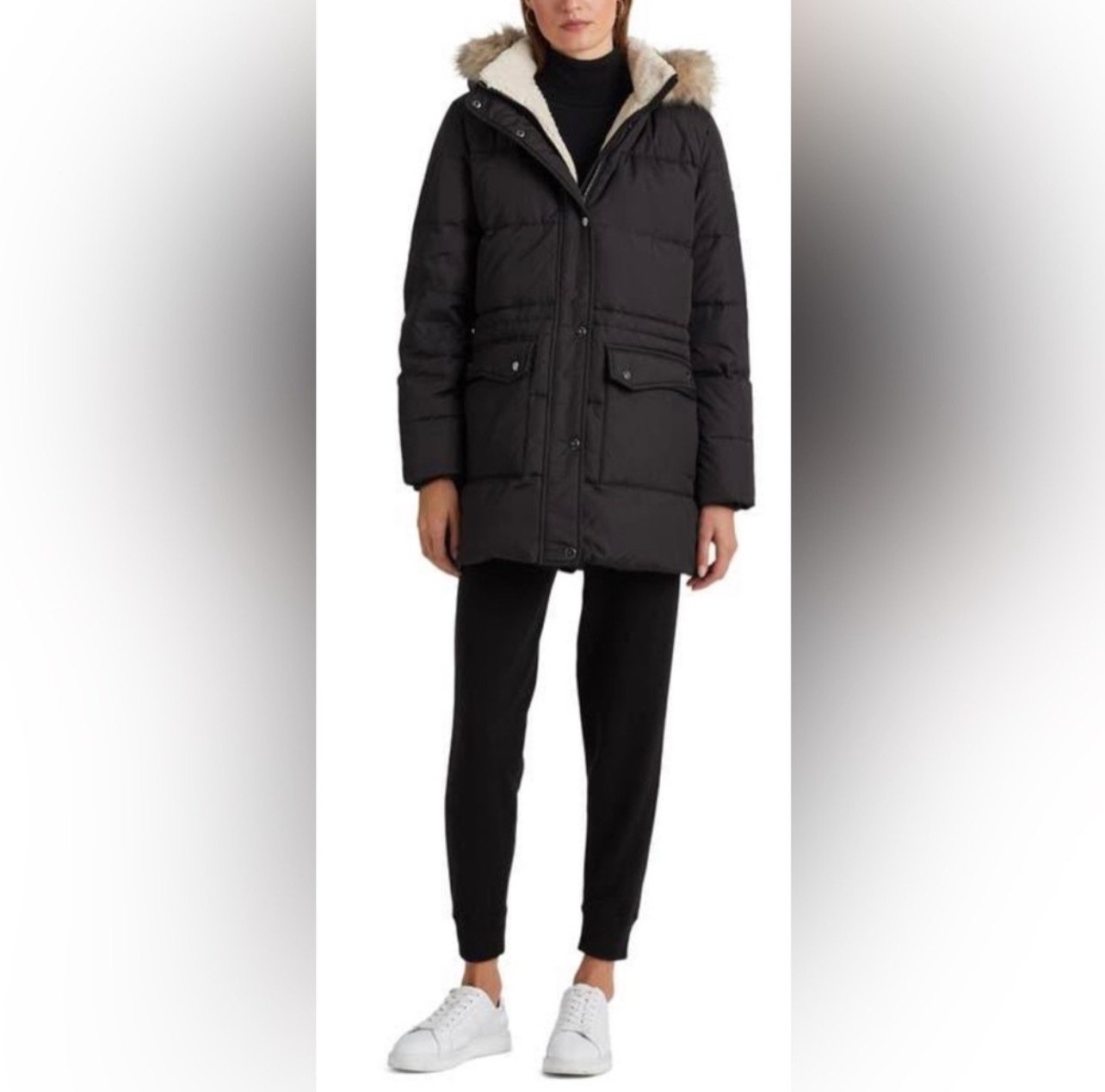Ralph Lauren Black Faux Fur Trim & Feather Hooded Puffer Coat Size Small NWT
