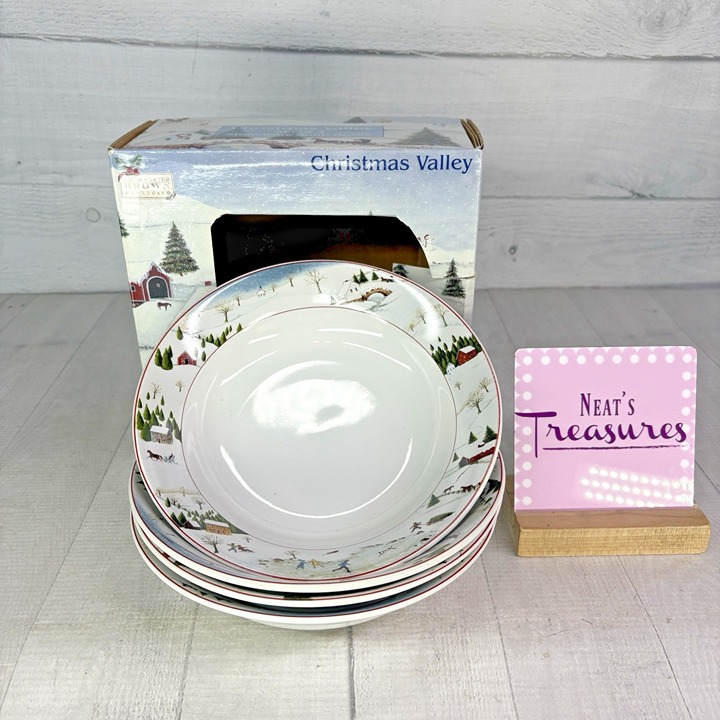 2002 David Carter Brown HOLIDAY Sakura CHRISTMAS VALLEY Soup Bowl Set 4 NEW