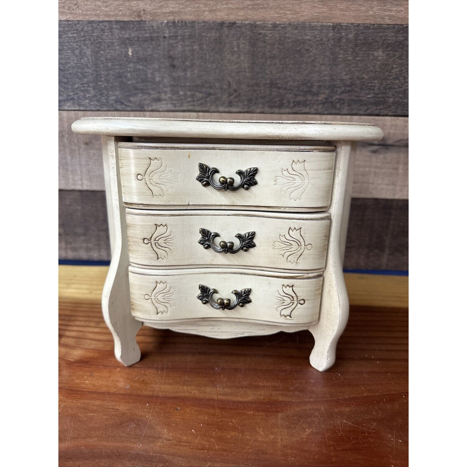 Vtg Wood Wooden 3 drawer Dresser Style Jewelry Box Hollywood Regency Cream Music