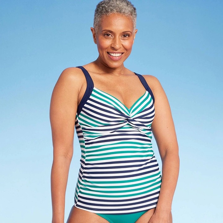 Lands' End Medium 10 Blue & Teal Striped Twist Front Underwire Tankini Swim Top
